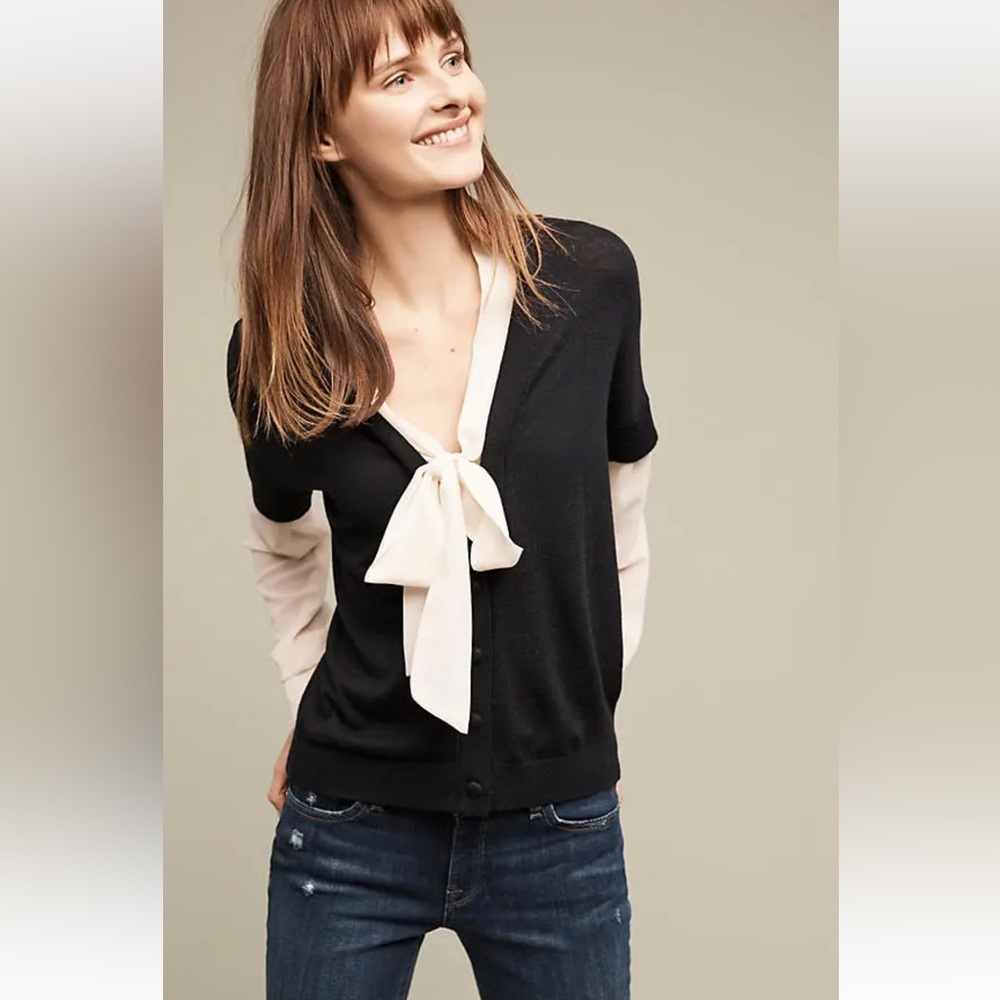 NWT Anthropologie Elsie Bowtie Sweater La Fee Verte Black and White